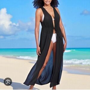 Kona Sol Coverup Duster Black Drawstring Gauze L/XL Beach Swim Pool